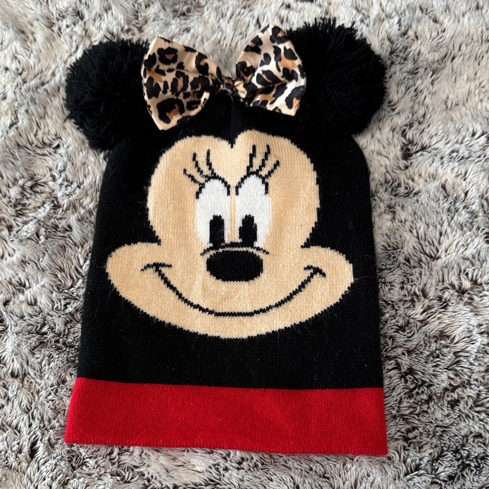 Disney Minnie Mouse Girls Kids Beanie Hat Pom Pom Ears With Leppard‎ Bow Cute